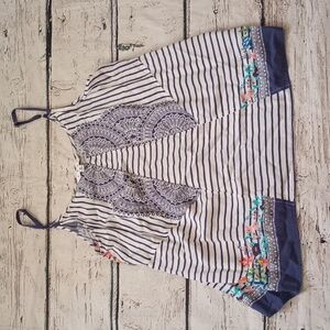 cAbi Blue White Pink Striped Floral Print Sleeveless Top S